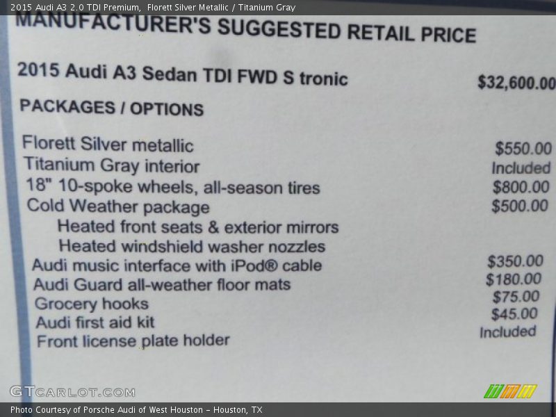 Florett Silver Metallic / Titanium Gray 2015 Audi A3 2.0 TDI Premium