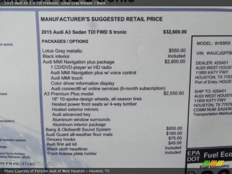  2015 A3 2.0 TDI Premium Window Sticker
