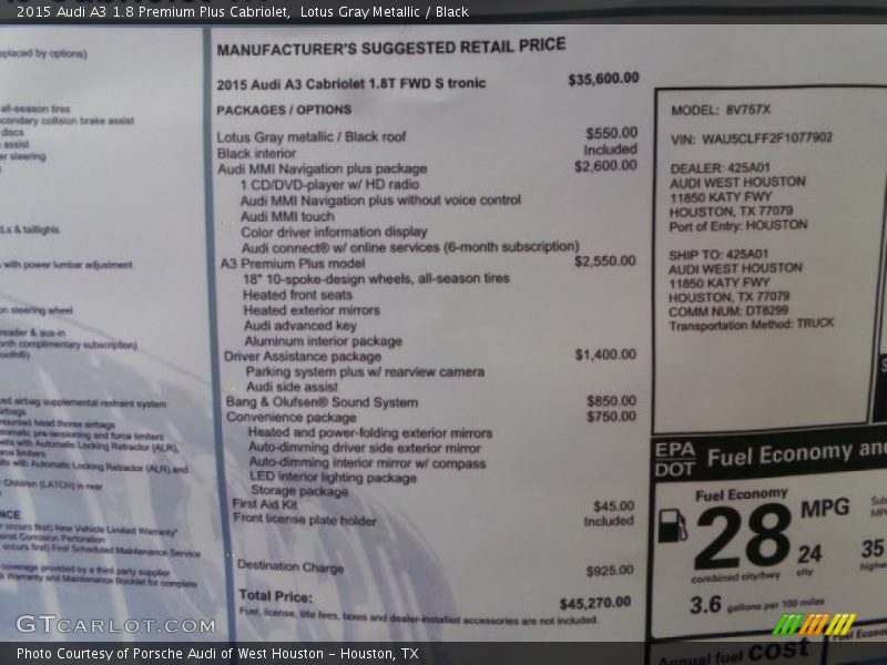 Lotus Gray Metallic / Black 2015 Audi A3 1.8 Premium Plus Cabriolet