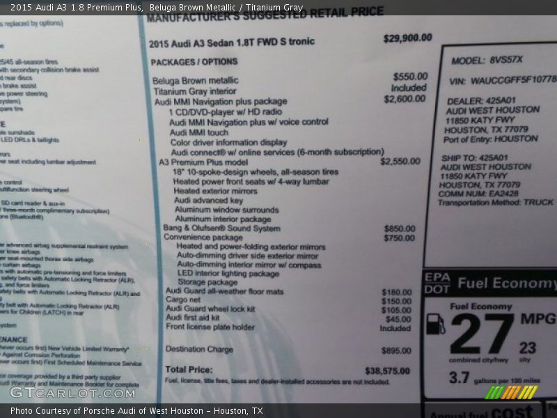 Beluga Brown Metallic / Titanium Gray 2015 Audi A3 1.8 Premium Plus