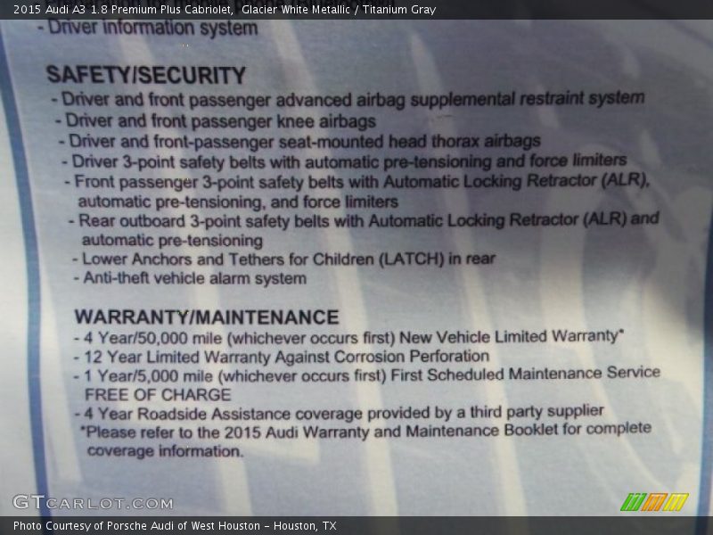  2015 A3 1.8 Premium Plus Cabriolet Window Sticker