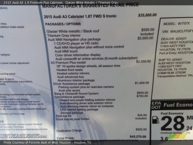  2015 A3 1.8 Premium Plus Cabriolet Window Sticker