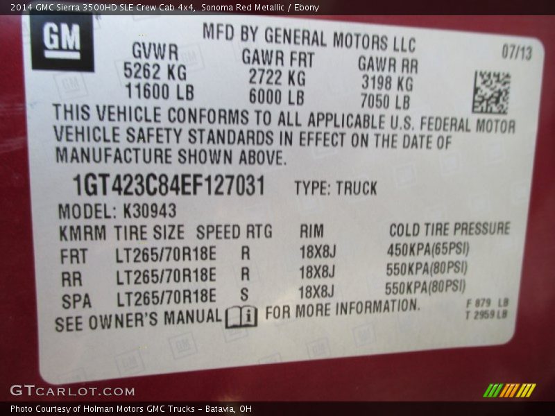 Info Tag of 2014 Sierra 3500HD SLE Crew Cab 4x4