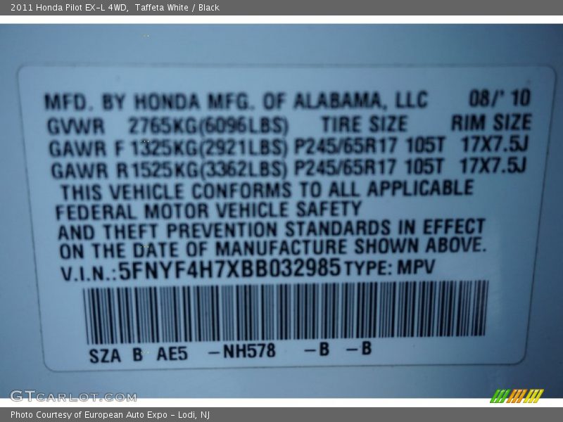 Taffeta White / Black 2011 Honda Pilot EX-L 4WD