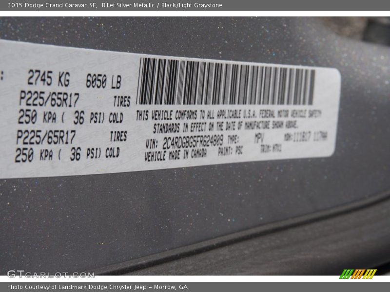 Billet Silver Metallic / Black/Light Graystone 2015 Dodge Grand Caravan SE