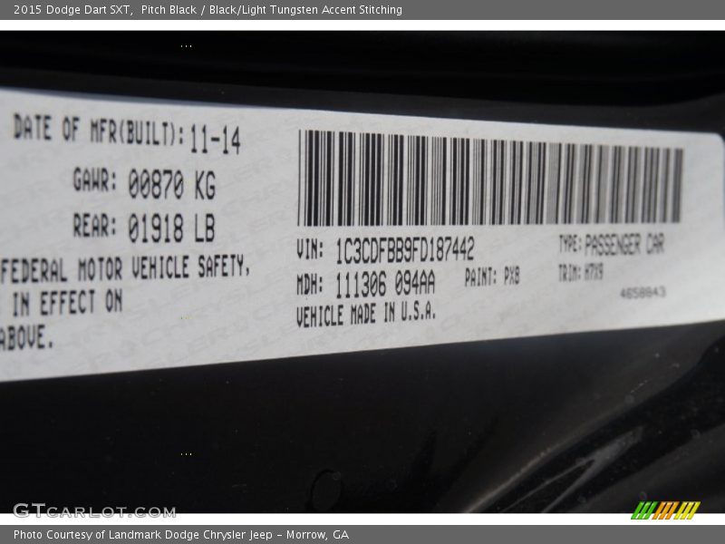 Pitch Black / Black/Light Tungsten Accent Stitching 2015 Dodge Dart SXT