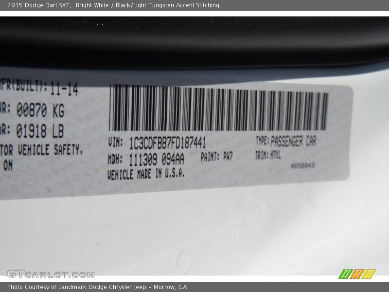 Bright White / Black/Light Tungsten Accent Stitching 2015 Dodge Dart SXT