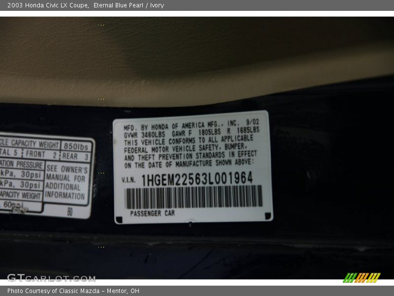 Eternal Blue Pearl / Ivory 2003 Honda Civic LX Coupe