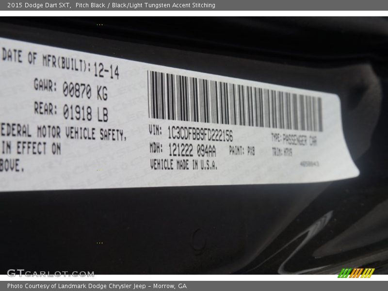 Pitch Black / Black/Light Tungsten Accent Stitching 2015 Dodge Dart SXT