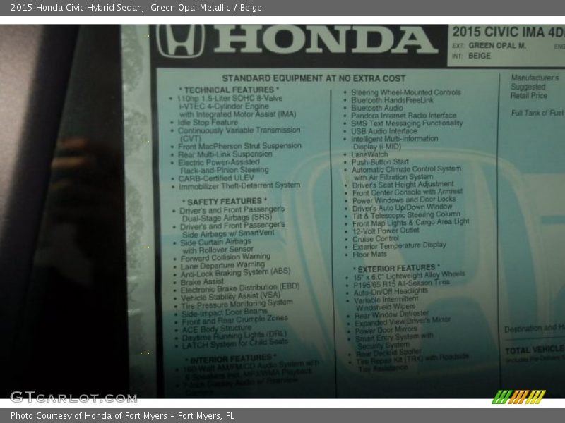  2015 Civic Hybrid Sedan Window Sticker