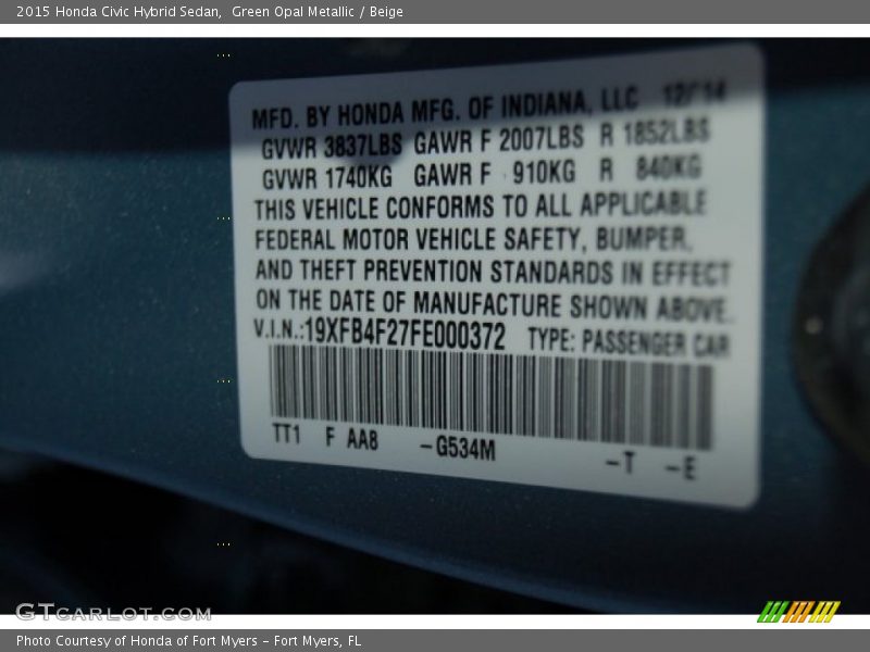 2015 Civic Hybrid Sedan Green Opal Metallic Color Code G534M