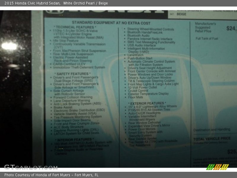 White Orchid Pearl / Beige 2015 Honda Civic Hybrid Sedan