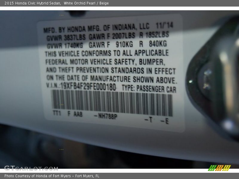White Orchid Pearl / Beige 2015 Honda Civic Hybrid Sedan