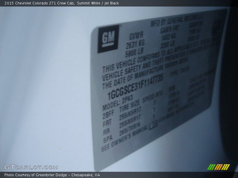 Summit White / Jet Black 2015 Chevrolet Colorado Z71 Crew Cab
