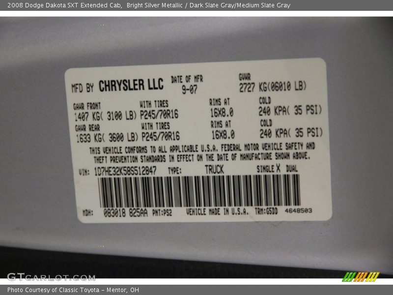 Bright Silver Metallic / Dark Slate Gray/Medium Slate Gray 2008 Dodge Dakota SXT Extended Cab