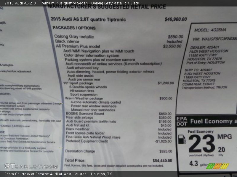  2015 A6 2.0T Premium Plus quattro Sedan Window Sticker