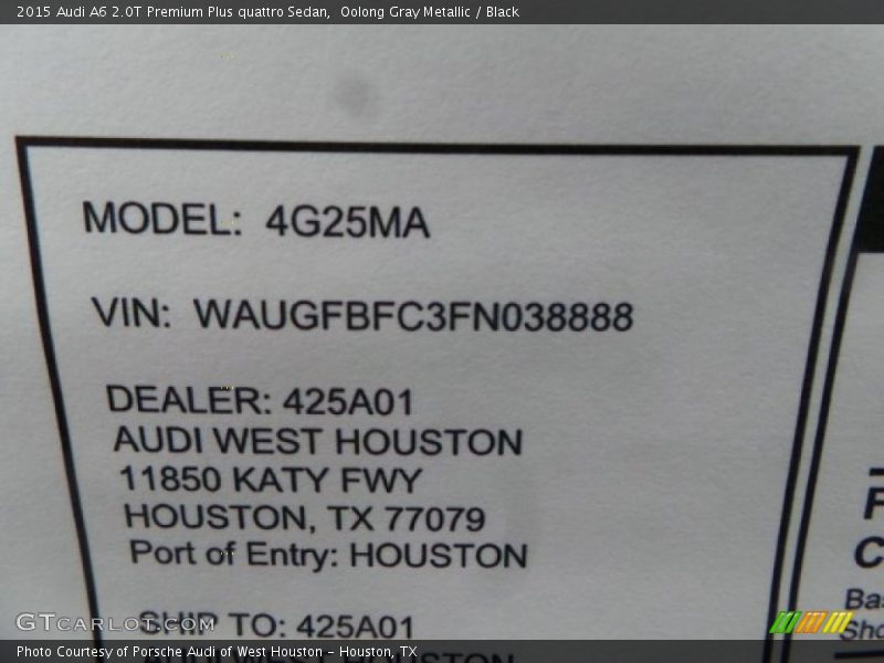 Oolong Gray Metallic / Black 2015 Audi A6 2.0T Premium Plus quattro Sedan