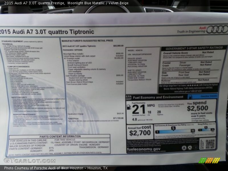 Moonlight Blue Metallic / Velvet Beige 2015 Audi A7 3.0T quattro Prestige