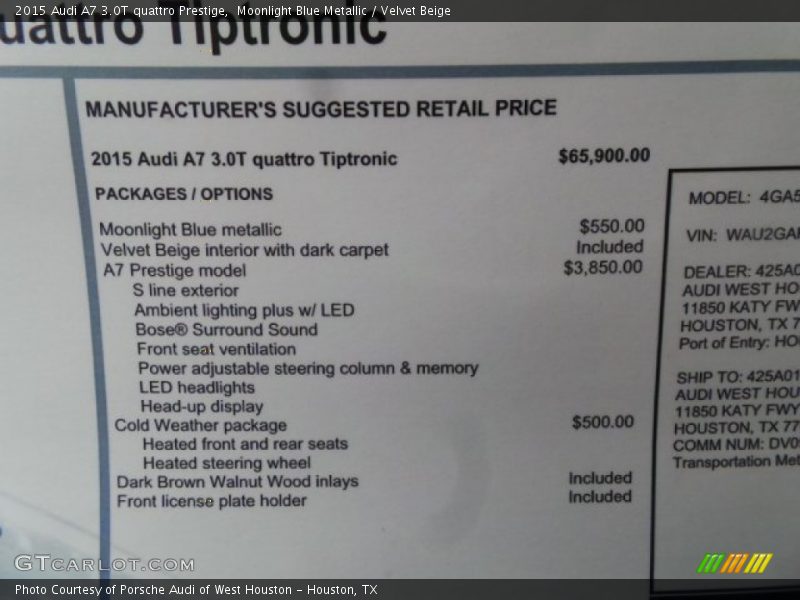 Moonlight Blue Metallic / Velvet Beige 2015 Audi A7 3.0T quattro Prestige