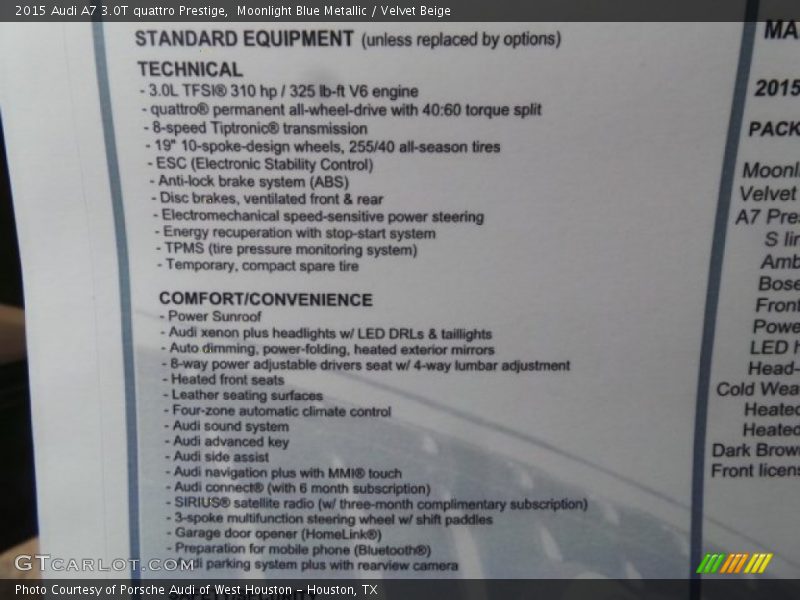 Moonlight Blue Metallic / Velvet Beige 2015 Audi A7 3.0T quattro Prestige