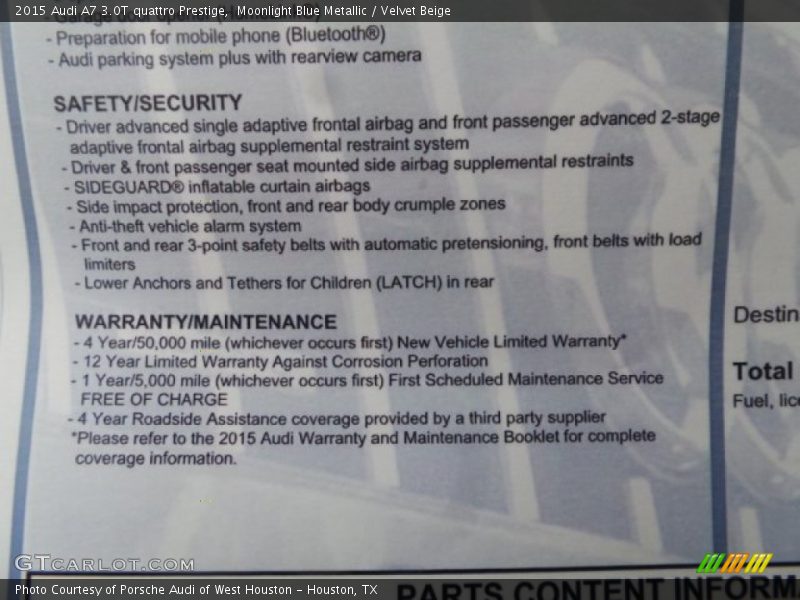 Moonlight Blue Metallic / Velvet Beige 2015 Audi A7 3.0T quattro Prestige