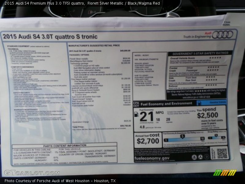 Florett Silver Metallic / Black/Magma Red 2015 Audi S4 Premium Plus 3.0 TFSI quattro