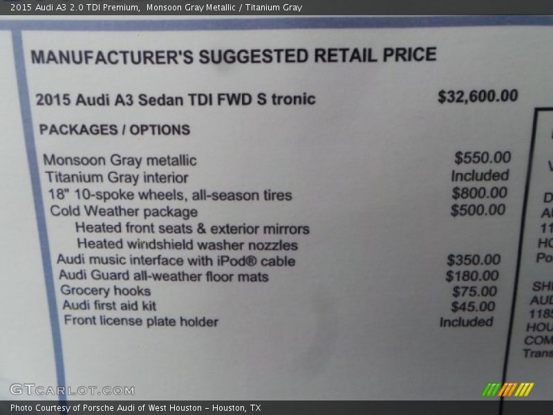 Monsoon Gray Metallic / Titanium Gray 2015 Audi A3 2.0 TDI Premium