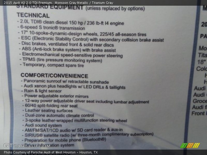 Monsoon Gray Metallic / Titanium Gray 2015 Audi A3 2.0 TDI Premium