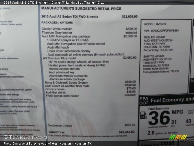 Glacier White Metallic / Titanium Gray 2015 Audi A3 2.0 TDI Premium