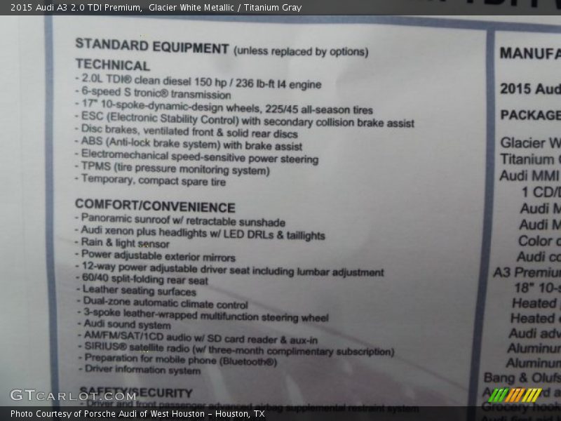 Glacier White Metallic / Titanium Gray 2015 Audi A3 2.0 TDI Premium