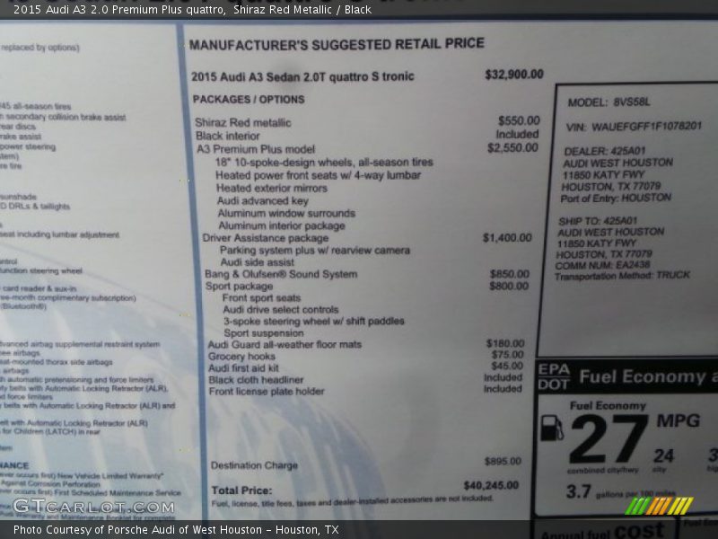  2015 A3 2.0 Premium Plus quattro Window Sticker