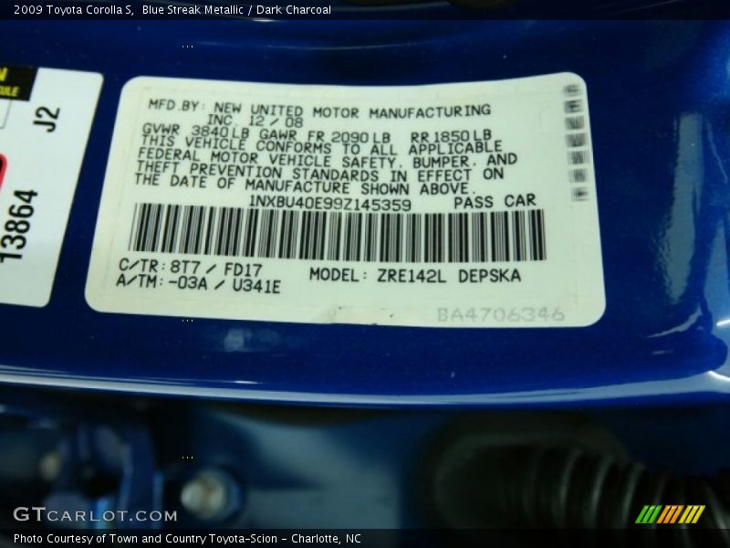 Blue Streak Metallic / Dark Charcoal 2009 Toyota Corolla S