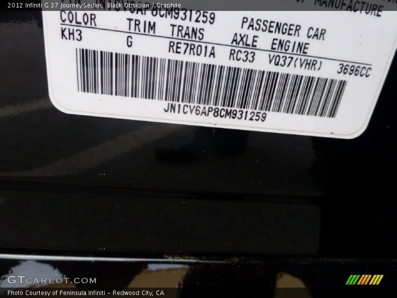 Black Obsidian / Graphite 2012 Infiniti G 37 Journey Sedan