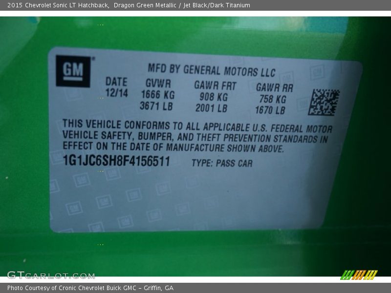 Dragon Green Metallic / Jet Black/Dark Titanium 2015 Chevrolet Sonic LT Hatchback