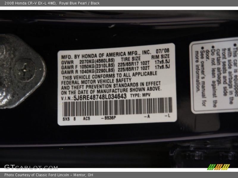 Royal Blue Pearl / Black 2008 Honda CR-V EX-L 4WD