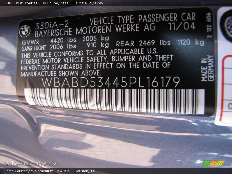 Steel Blue Metallic / Grey 2005 BMW 3 Series 330i Coupe