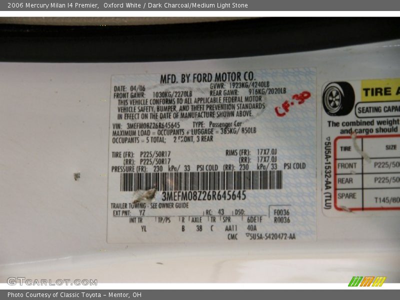 Oxford White / Dark Charcoal/Medium Light Stone 2006 Mercury Milan I4 Premier