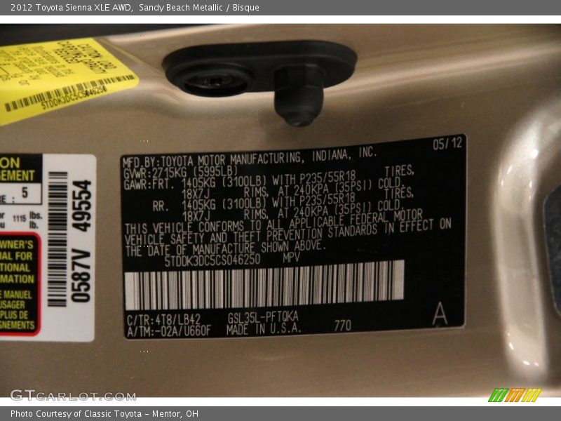 2012 Sienna XLE AWD Sandy Beach Metallic Color Code 4T8