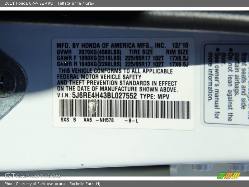 Taffeta White / Gray 2011 Honda CR-V SE 4WD