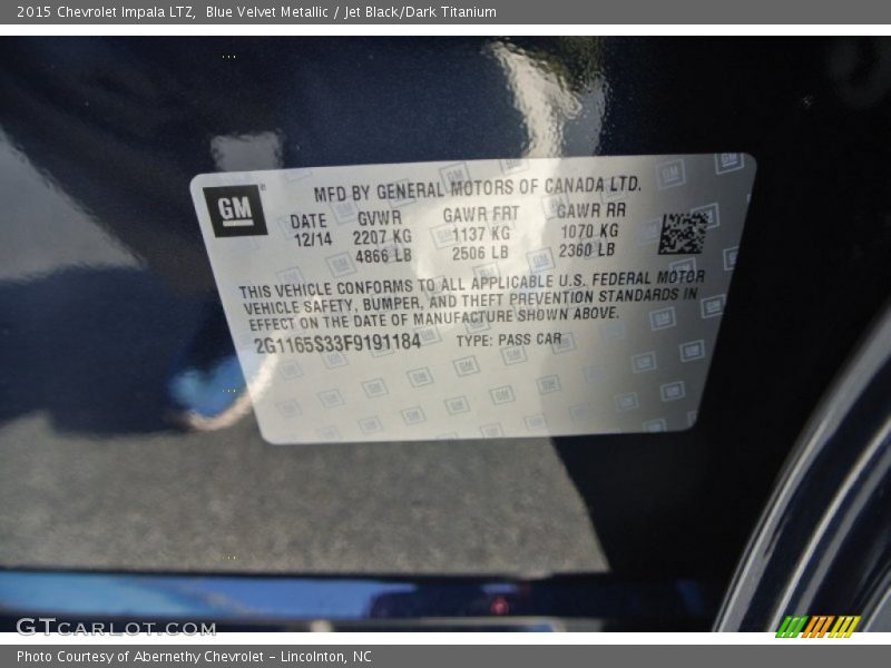 Blue Velvet Metallic / Jet Black/Dark Titanium 2015 Chevrolet Impala LTZ