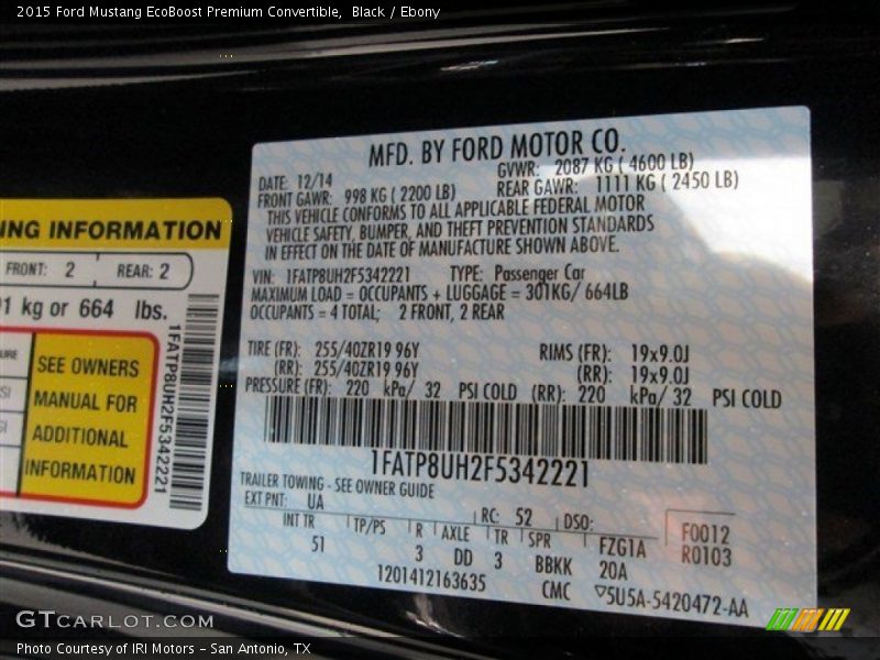 2015 Mustang EcoBoost Premium Convertible Black Color Code UA