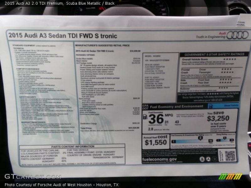  2015 A3 2.0 TDI Premium Window Sticker