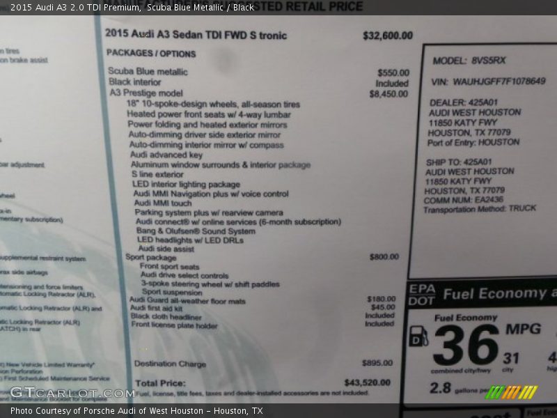  2015 A3 2.0 TDI Premium Window Sticker