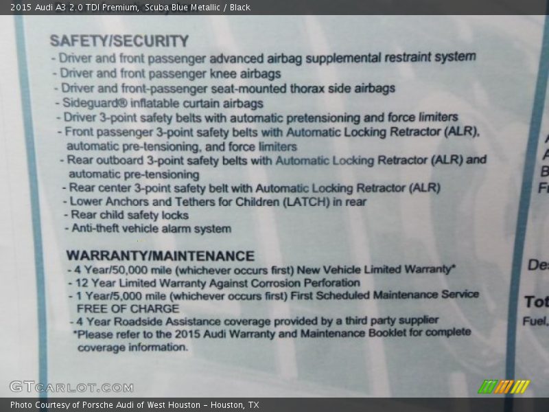  2015 A3 2.0 TDI Premium Window Sticker