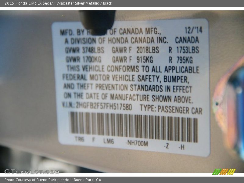 Alabaster Silver Metallic / Black 2015 Honda Civic LX Sedan