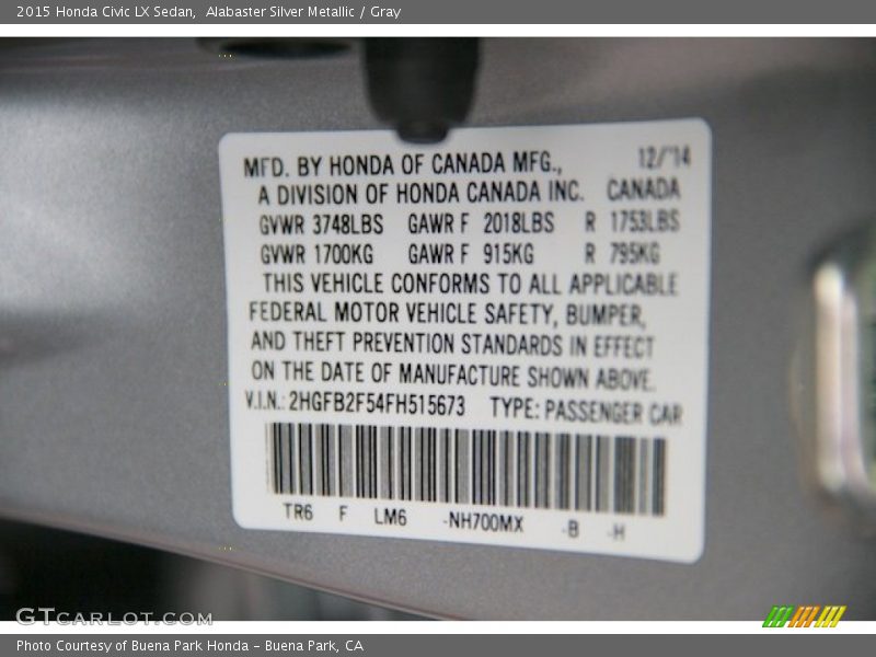 Alabaster Silver Metallic / Gray 2015 Honda Civic LX Sedan