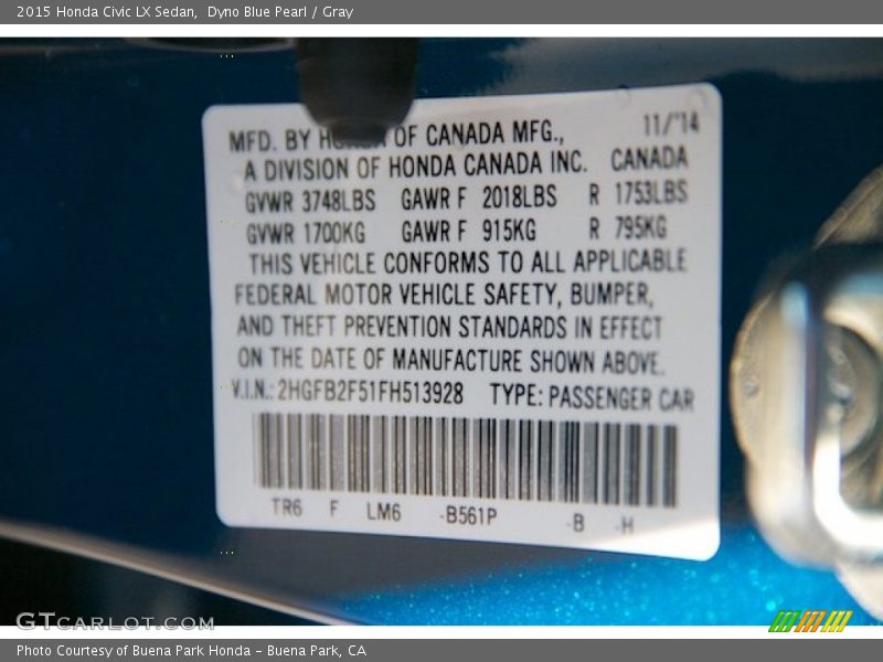 Dyno Blue Pearl / Gray 2015 Honda Civic LX Sedan