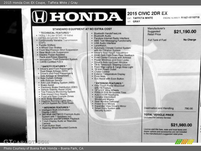 Taffeta White / Gray 2015 Honda Civic EX Coupe