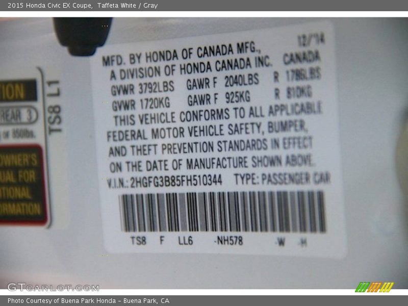 Taffeta White / Gray 2015 Honda Civic EX Coupe