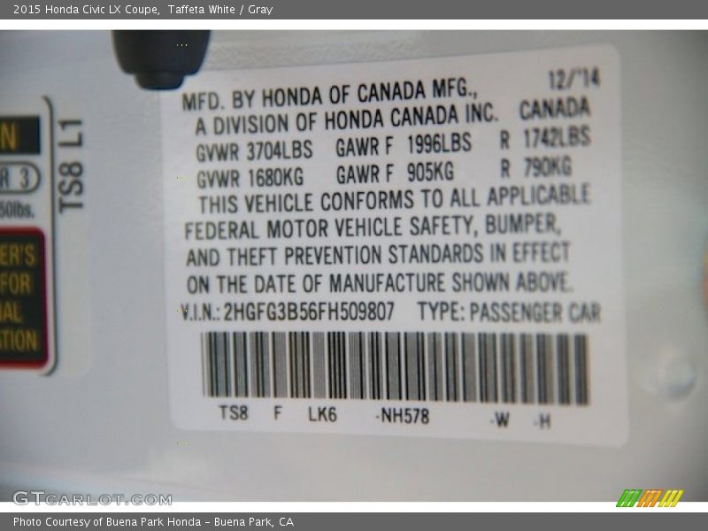 Taffeta White / Gray 2015 Honda Civic LX Coupe